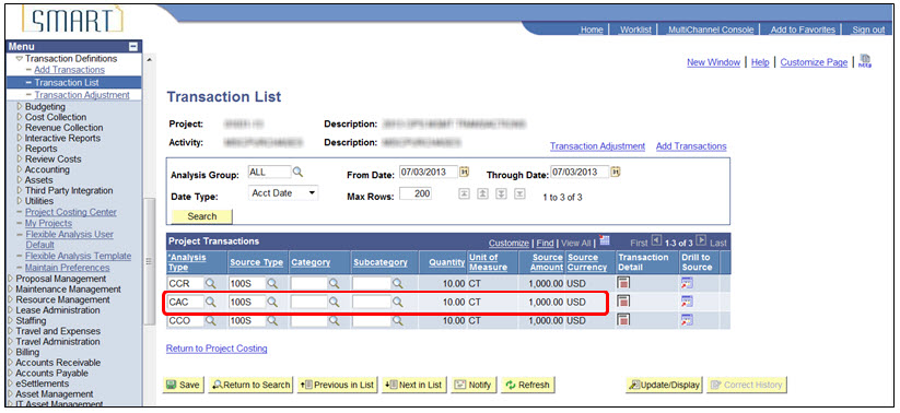 Screenshot of the Project Costing Transaction list showing a &#39;CAC&#39; row.