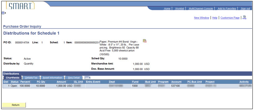 Screenshot of the Distributions for Schedule Page on the Purchase Order